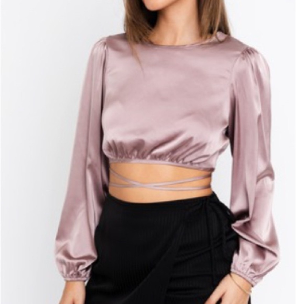 Le Lis Satin Wrap Crop Blouse in Dusty Pink